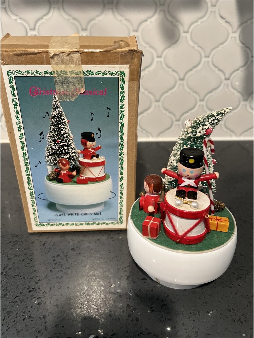 Vintage Interpur "Jingle Bells" Christmas Tree Drum Doll Presents Music Box